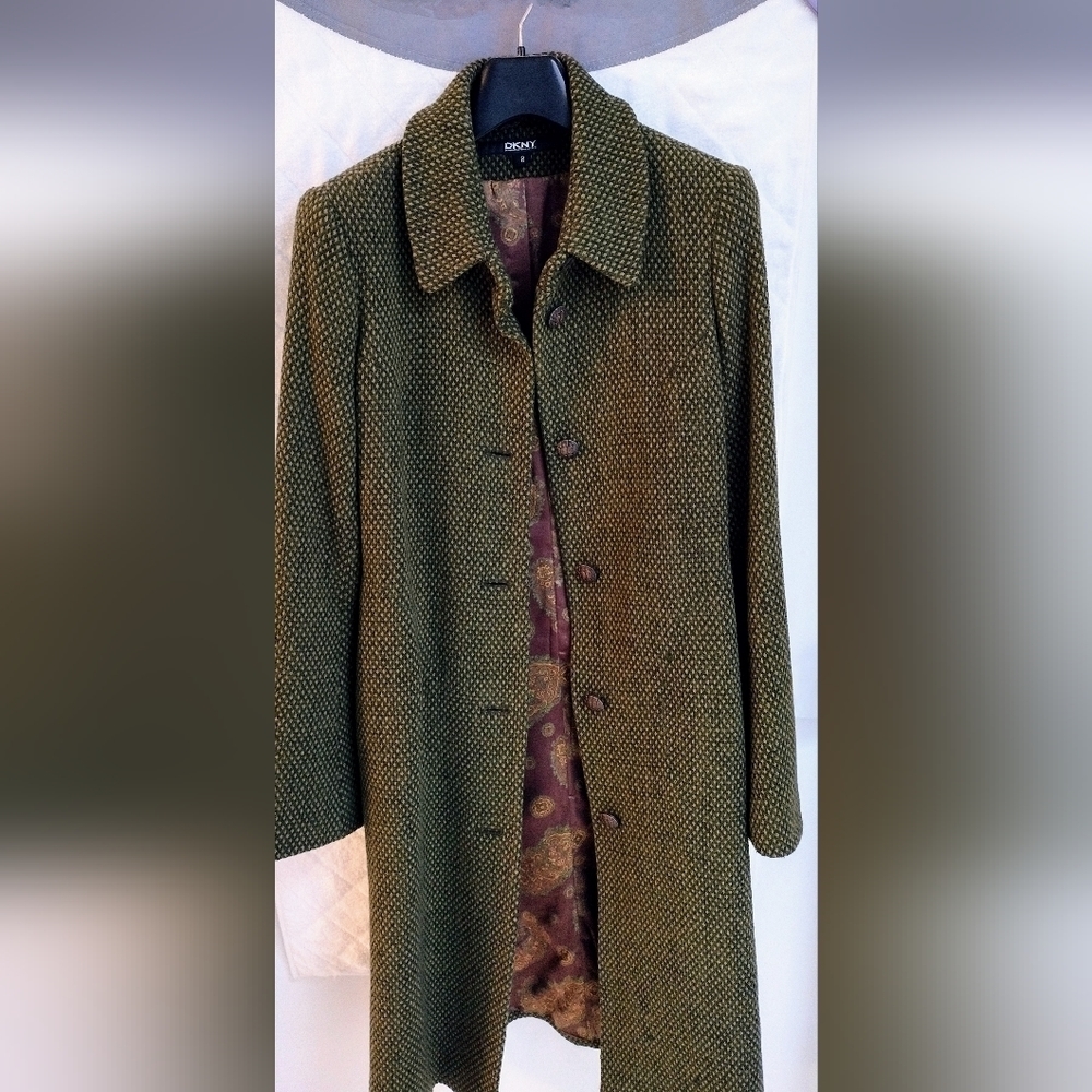 Donna Karan DKNY Green Wool Blend Maxi Coat Long Winter Trench Size 8 - Picture 6 of 14